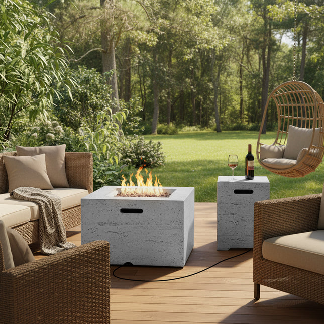 U_STYLE 24.02'' Square MGO Propane Fire Pit Set, 40,000 BTU Outdoor Fire Pit Table with Steel Burner, Adjustable Flame, Lava Rocks & Rain Cover, Includes 15.75'' Propane Tank Cover Table, No Assembly