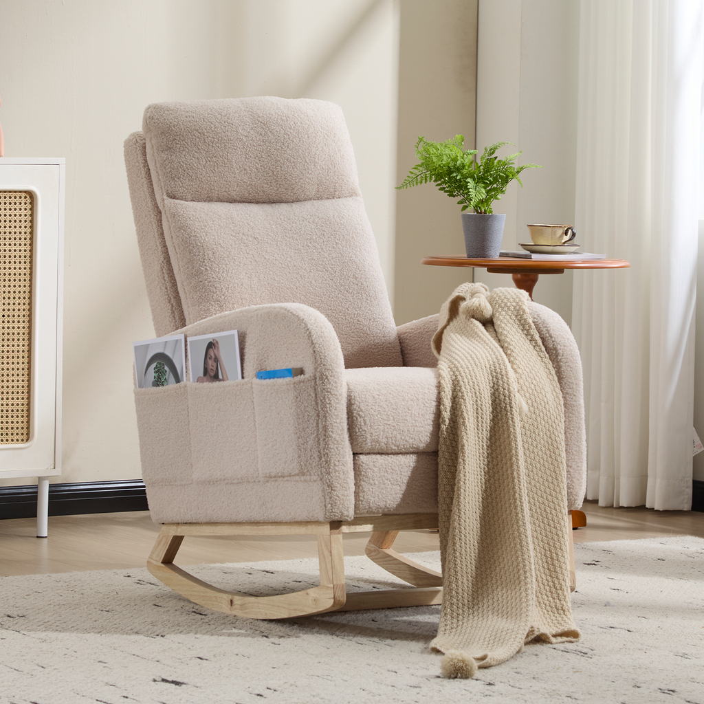 Nursery Glider Rocking Chair, Teddy Upholstered Nursing Chair with Footrest & Side Pocket, High Back Accent Rocker with Solid Wood Legs, Comfy Maternity Armchair for Baby Room, Living Room, Beige