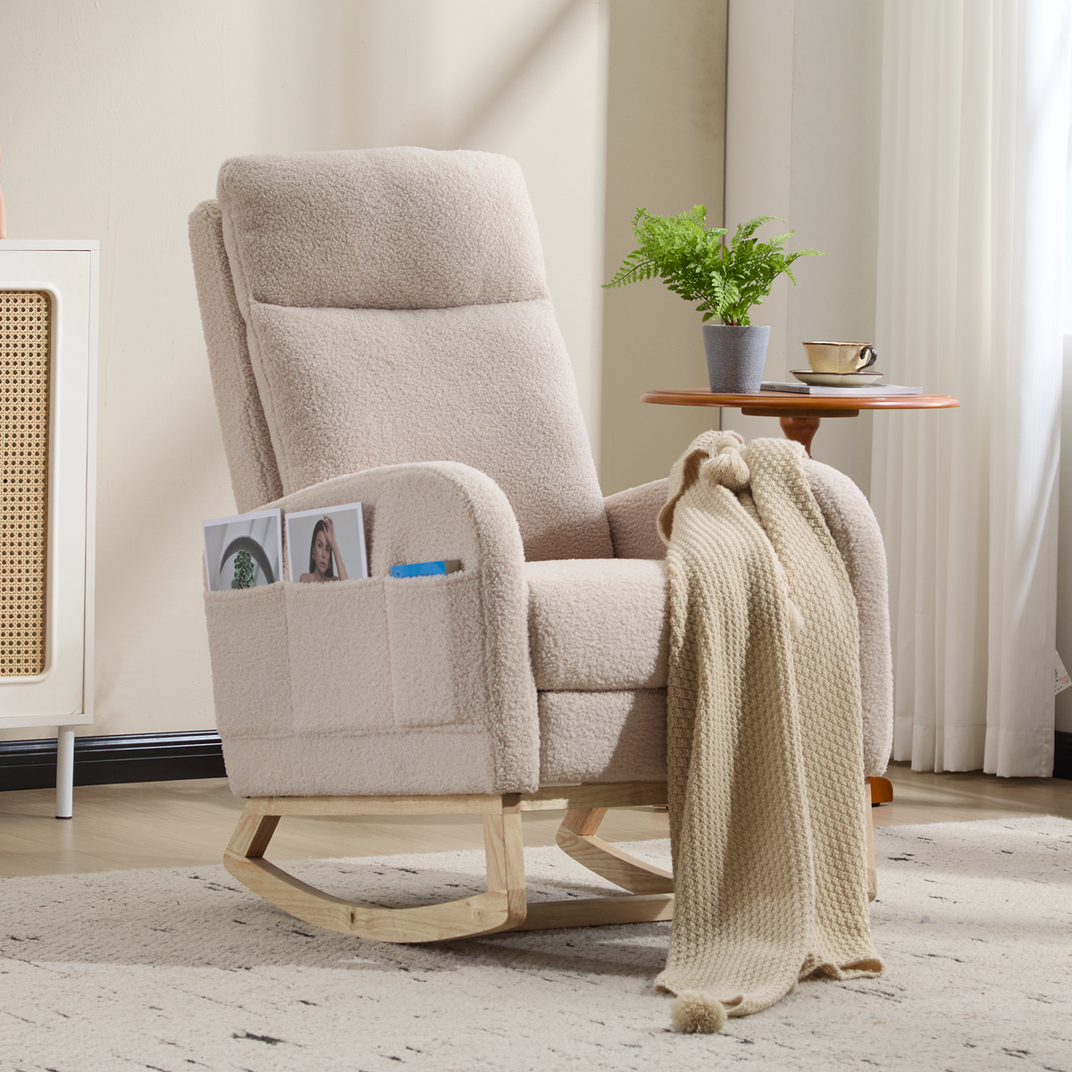 Nursery Glider Rocking Chair, Teddy Upholstered Nursing Chair with Footrest & Side Pocket, High Back Accent Rocker with Solid Wood Legs, Comfy Maternity Armchair for Baby Room, Living Room, Beige