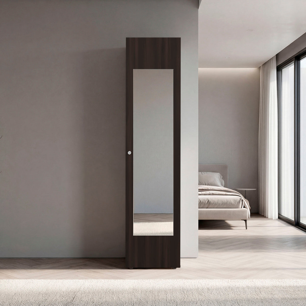 Stained Walnut Storage Cabinet with Mirror