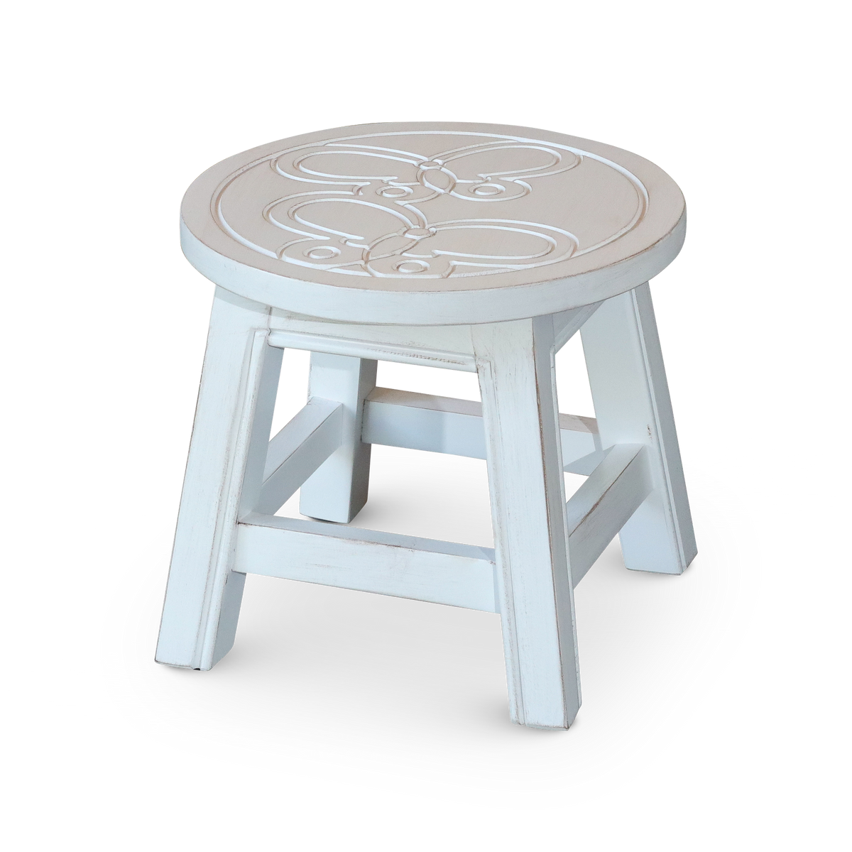 Carved Wooden Step Stool, Butterflies, Antique White