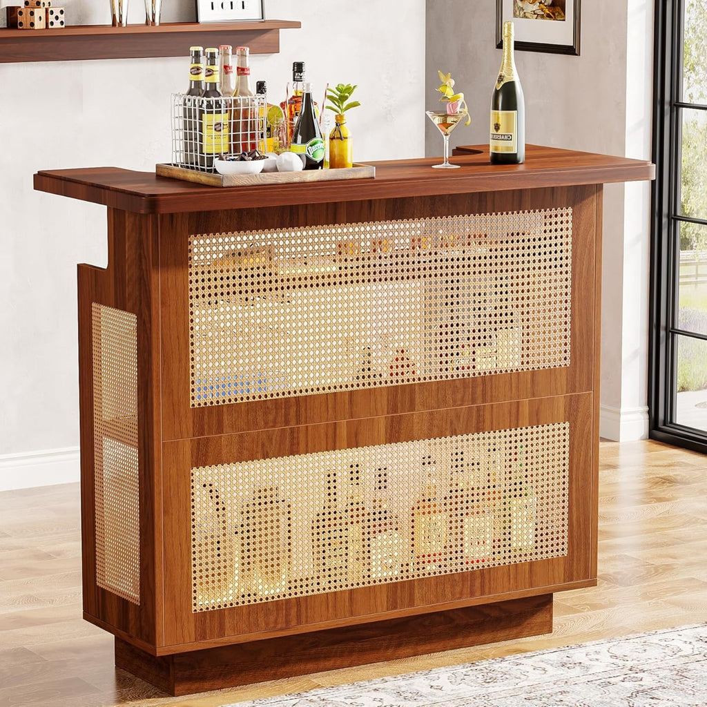 47.24 Inches Farmhouse Caramel Brown Rattan Home Bar Unit, 4-Tier Liquor Cabinet with Stemware Racks for Living room