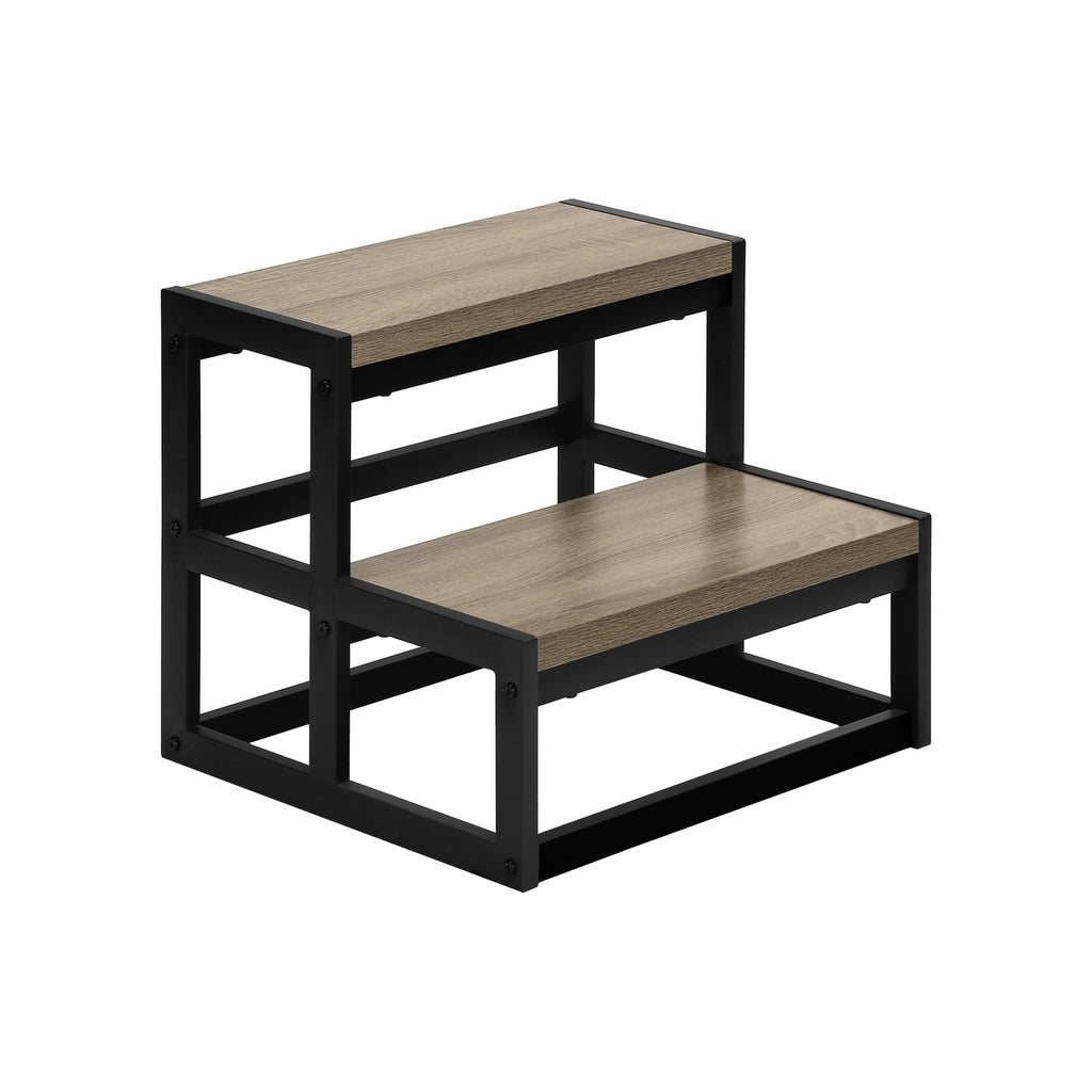 Contemporary 2-Step Ladder, Black Metal Frame with Dark Taupe Wood-Look Laminate Finish, Compact Step Stool for Bedroom and Kitchen Use