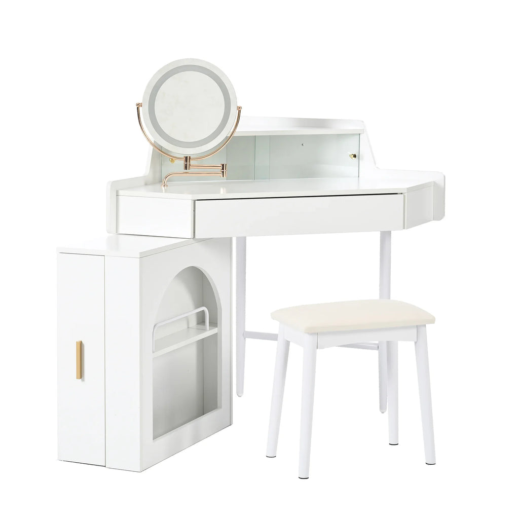 Corner Makeup Vanity Desk With Mirror & LED Lights, Modern Vanity Set With Mirror And Stool, Dressing Table With Large Storage For Small Place, Brightness Adjustable Folding Mirror, White - Eloy Royal