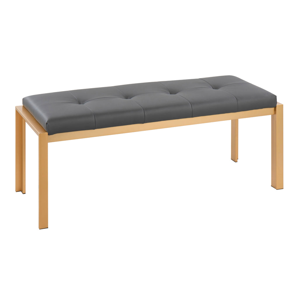 Contemporary Bench in Gold Metal and Grey Faux Leather