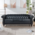 84.65' BLACK PU Rolled Arm Chesterfield Three Seater Sofa.
