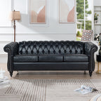 84.65' BLACK PU Rolled Arm Chesterfield Three Seater Sofa.