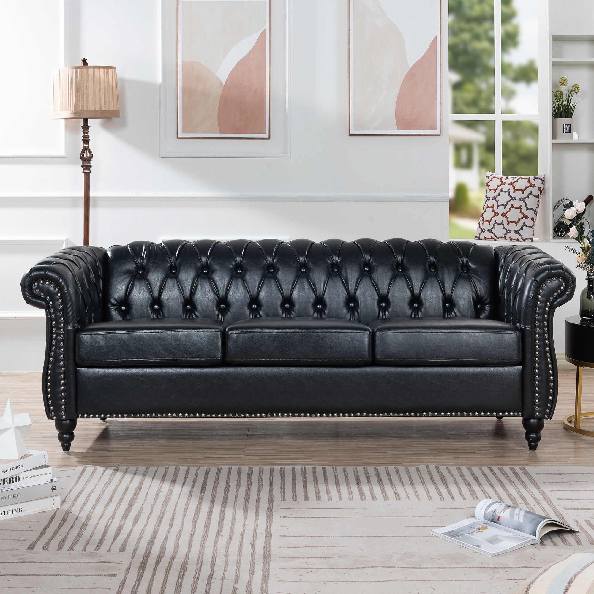 84.65' BLACK PU Rolled Arm Chesterfield Three Seater Sofa.
