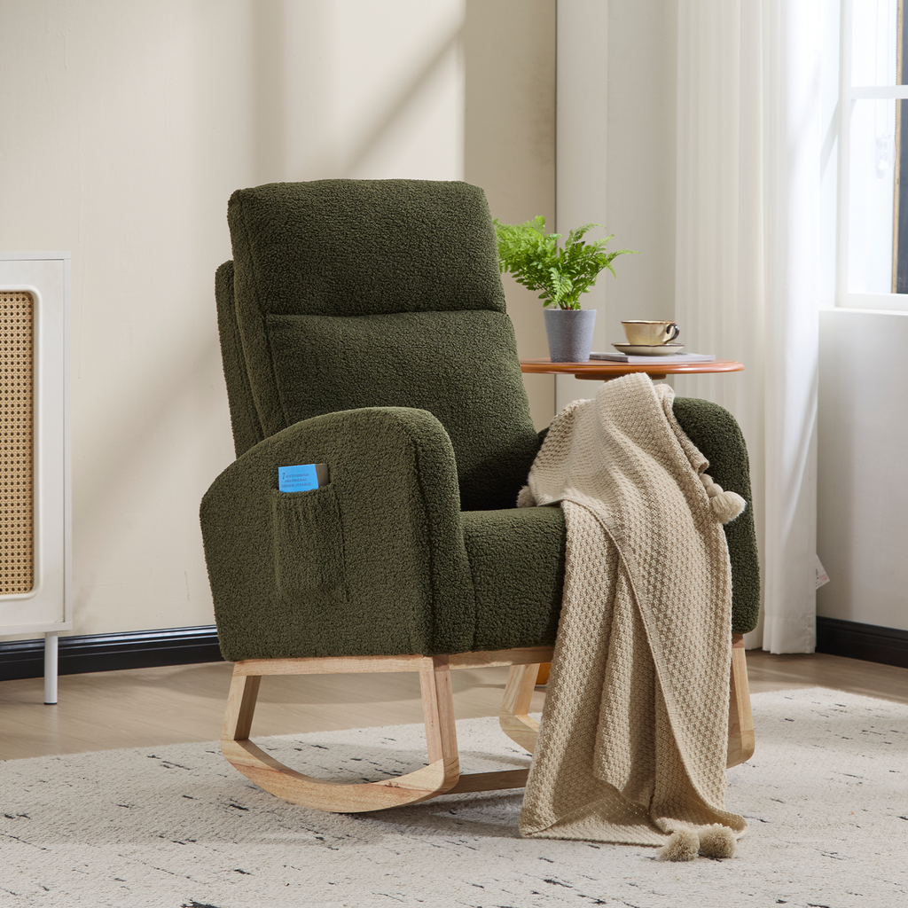 Modern High Backrest Teddy Fleece Breastfeeding Glider,Ergonomic Nursery Rocker w/ Curved Solid Wood Base & Side Pocket,Relieves Back Ache for New Moms Feeding,Postpartum Napping & Daily Loung,Green.