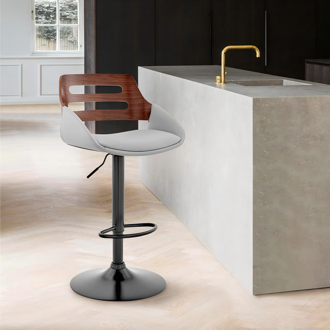 Terrak Adjustable Gray Faux Leather and Walnut Wood Bar Stool with Black Base