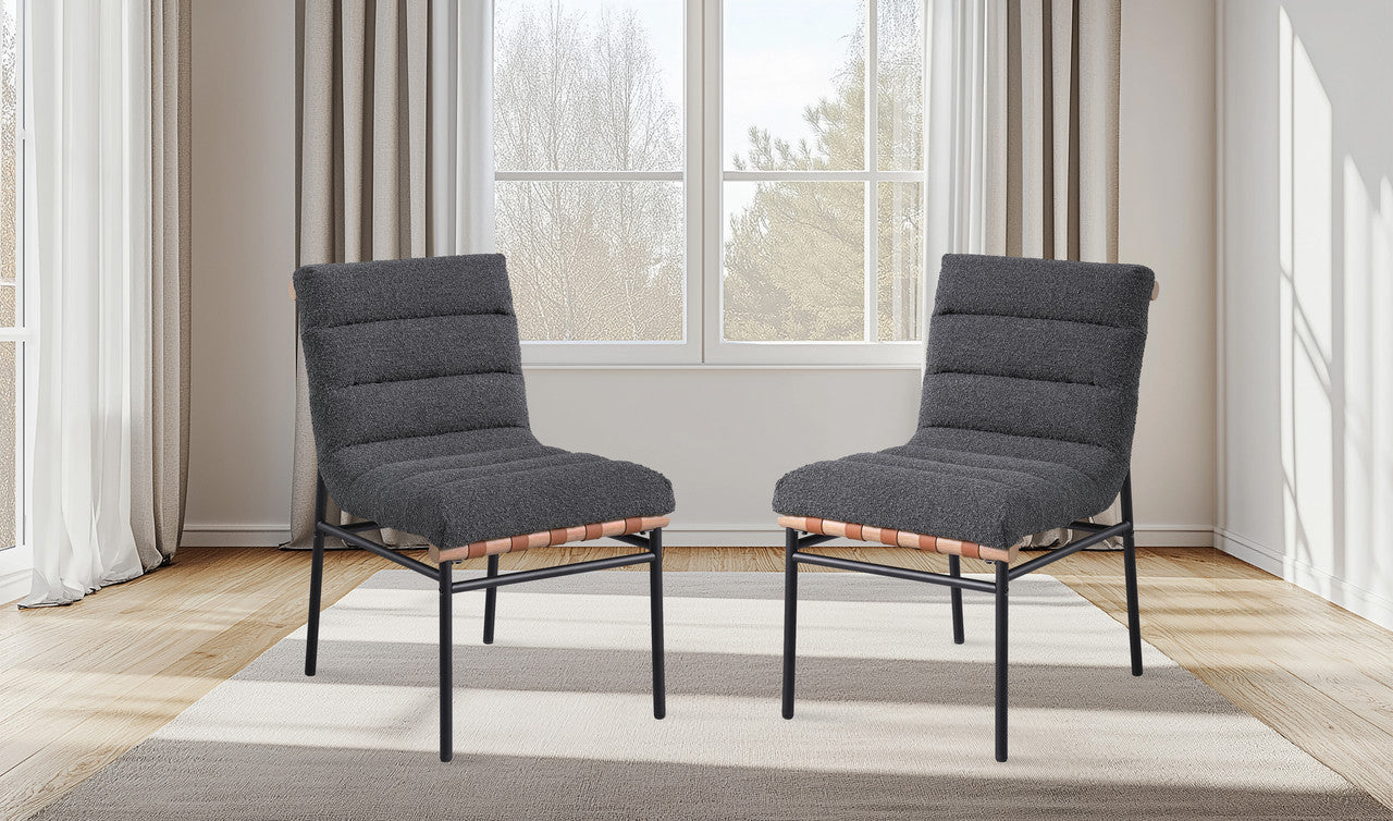 Liana Dark Gray Boucle Fabric Set of 2 Dining Chair with Black Iron Legs