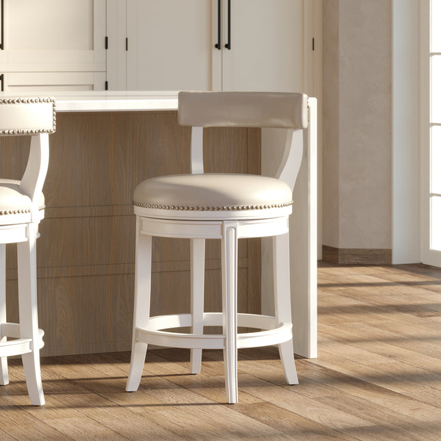 26' Counter-Height Bar Stool, White Wood with Gray Faux Leather Seat and Back, 1PC