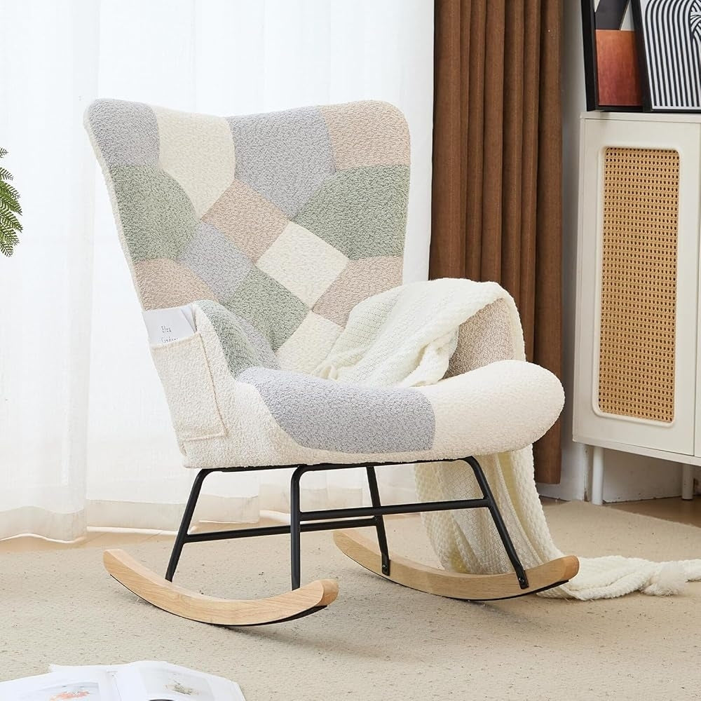 Patchwork Teddy Fleece Upholstered Rocking Chair, High Back Nursery Glider Rocker with Side Storage Pocket, Rubberwood Rockers Accent Armchair for Nursery Living Room Bedroom Office.