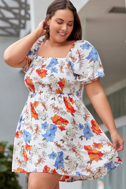 White Floral Smocked Flared Plus Size Dress - Eloy Royal