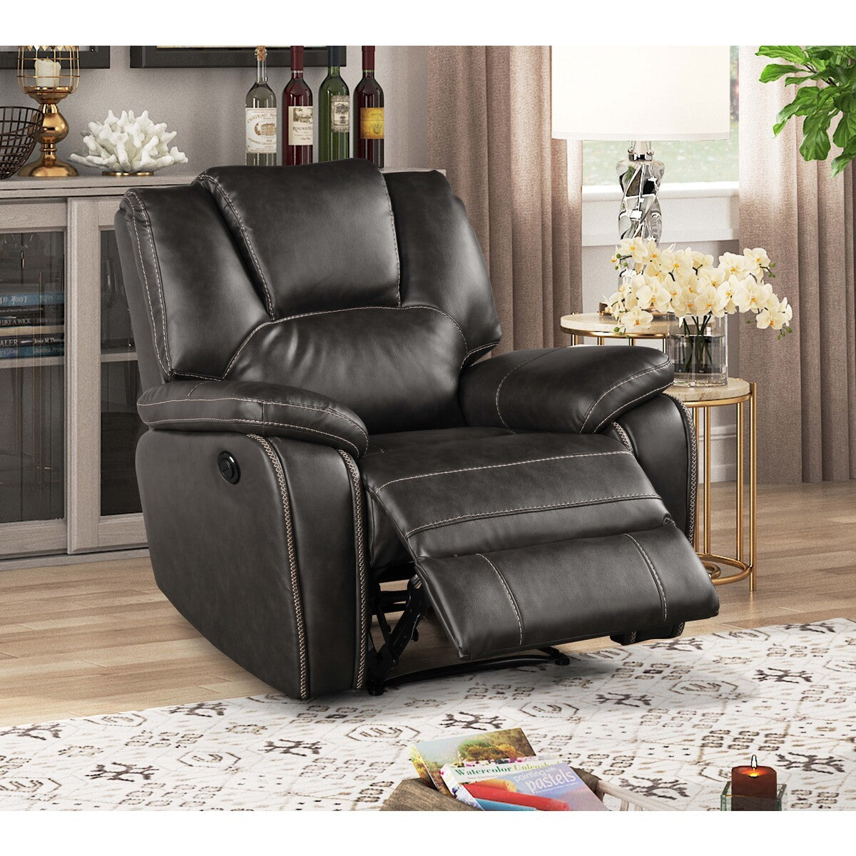 Gray Breathable Air Leather Power Recliner with USB, Plush Pillow Top Upholstered Armchair