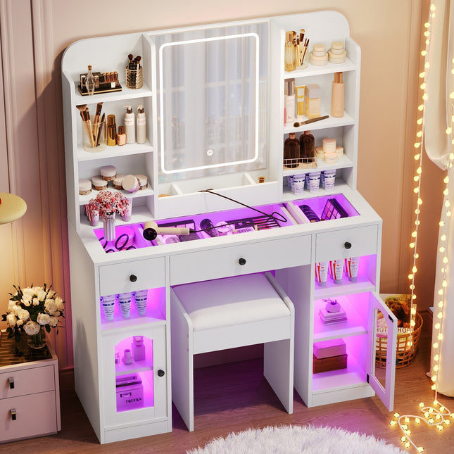43.2' Vanity Desk with LED Mirror and Lights, Glass Top Vanity with RGB Glass Light Cabinets, Dressing Table with 3 Drawers ,Storage Shelves and Stool for Bedroom, White