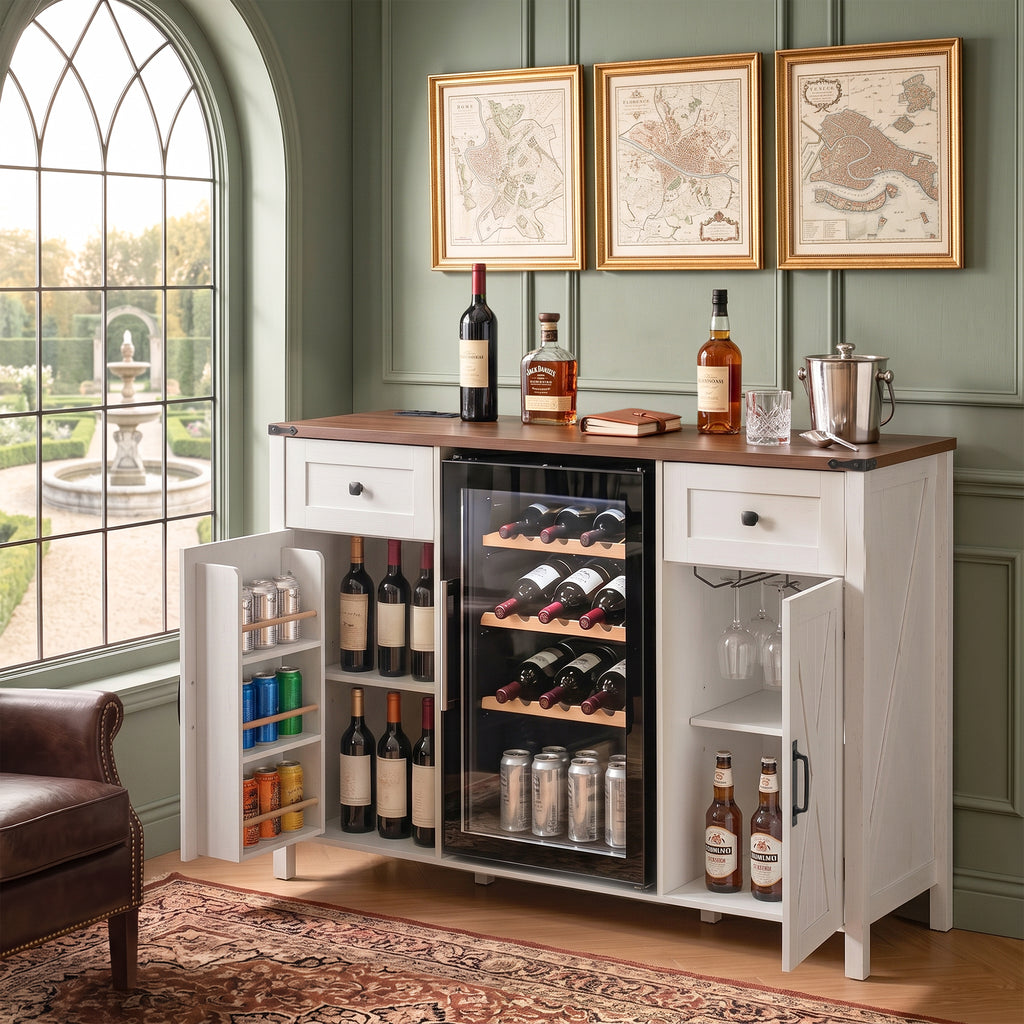 K&K 53.2' Farmhouse Fridge Cabinet with Power Outlet, Coffee Bar Cabinet with Storage, Mini Fridge Wine Cabinet with 2 Doors and 2 Drawers, Sideboard with Barn Doors for Living Room, Kitchen White