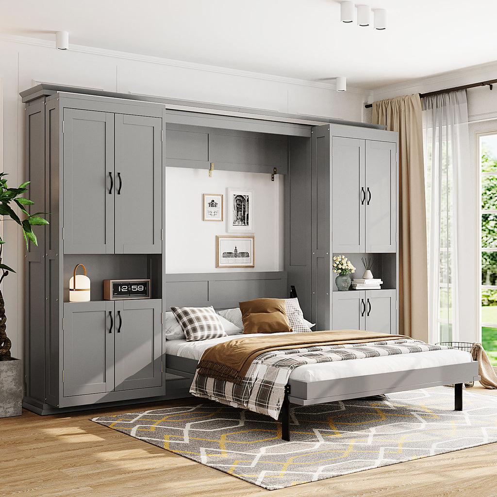 Queen Murphy Bed with Dual Sliding Storage Cabinets, Hidden Wall Bed Design, Dual 6-Tier Side Shelves, Large-Capacity Space-Saving Wall Bed System for Modern Homes & Multifunctional Rooms-Gray