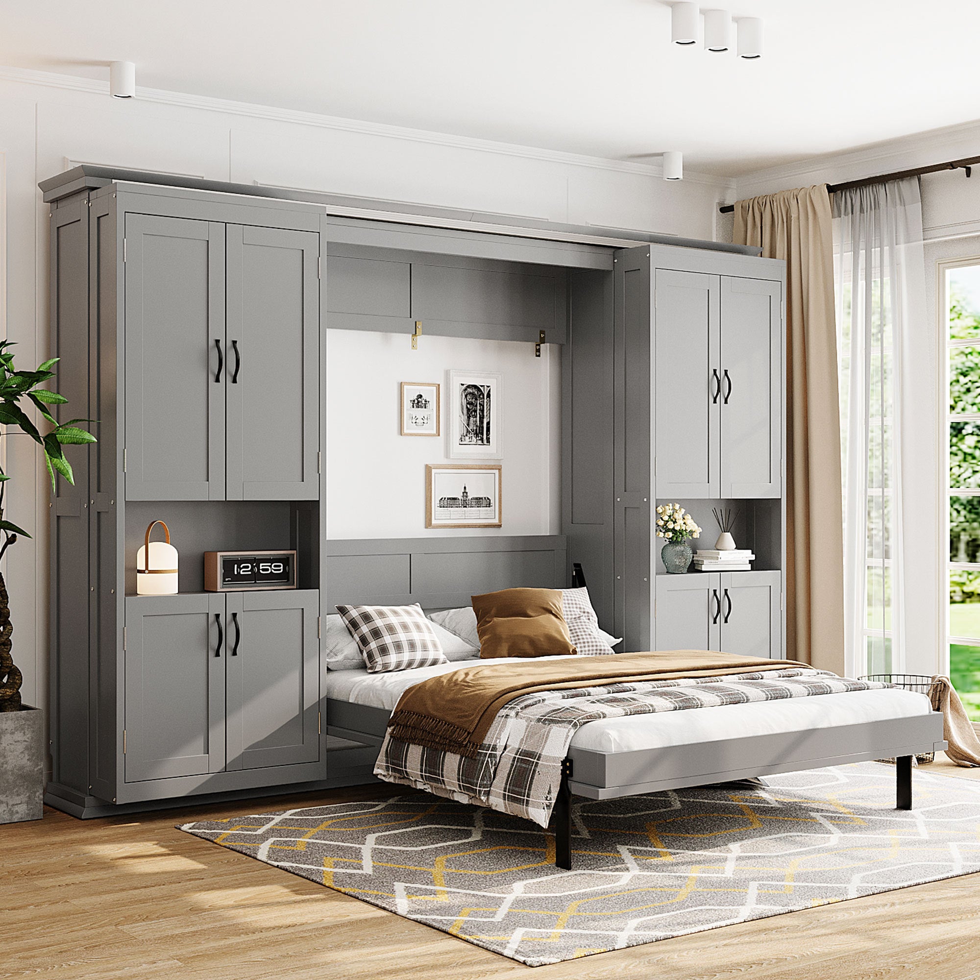Queen Murphy Bed with Dual Sliding Storage Cabinets, Hidden Wall Bed Design, Dual 6-Tier Side Shelves, Large-Capacity Space-Saving Wall Bed System for Modern Homes & Multifunctional Rooms-Gray