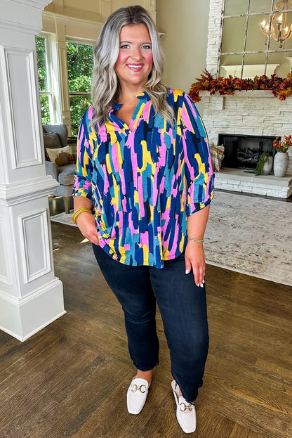 Blue Plus Size Abstract Print 3/4 Sleeve Blouse - Eloy Royal