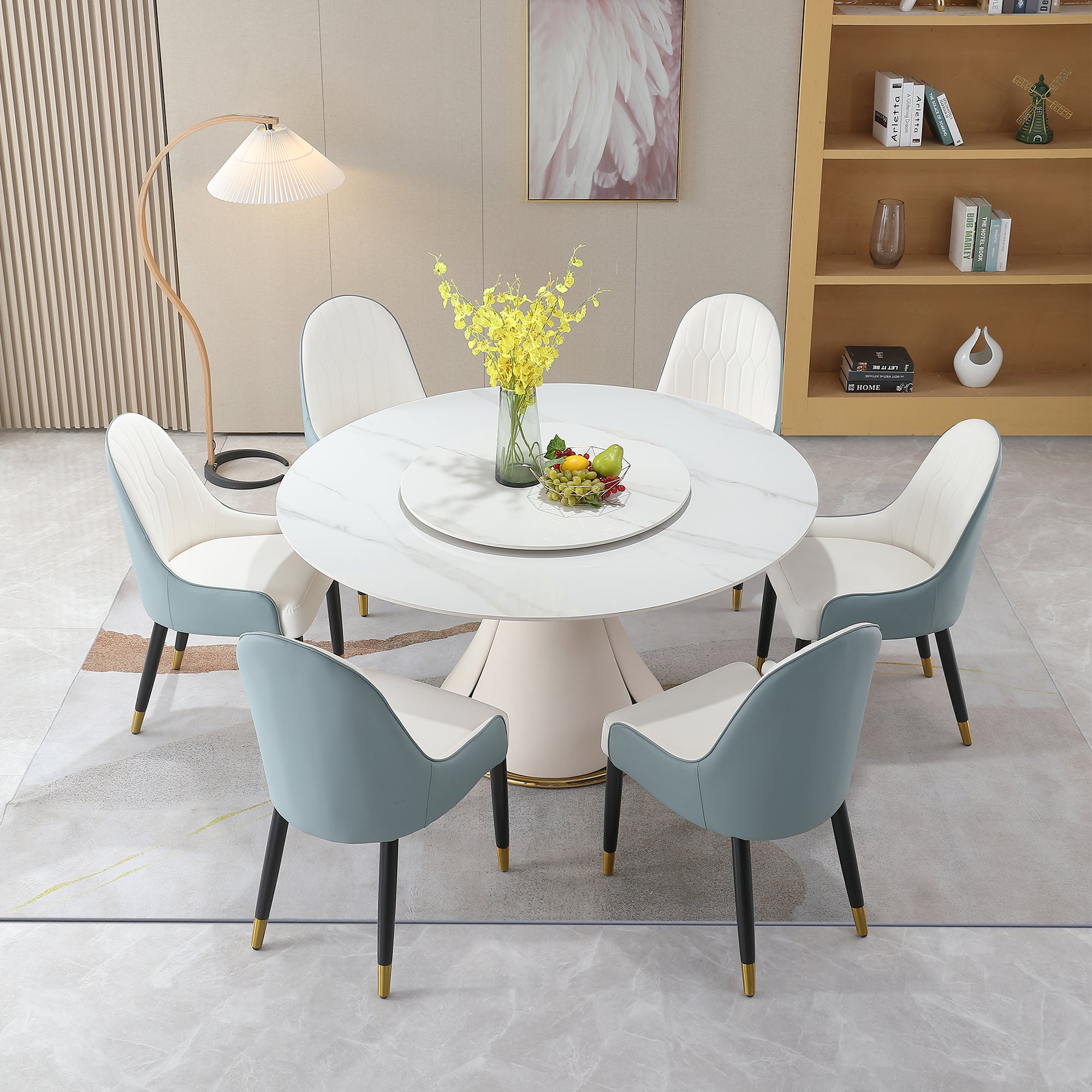 59.05'Modern Sintered stone dining table with 31.5' round turntable with 6pcs Chairs.