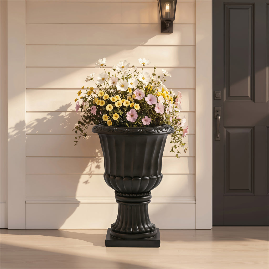Classic European Pedestal Urn Decorative Large‑Capacity Outdoor Garden Planter for Patio Courtyard Entryway-Black