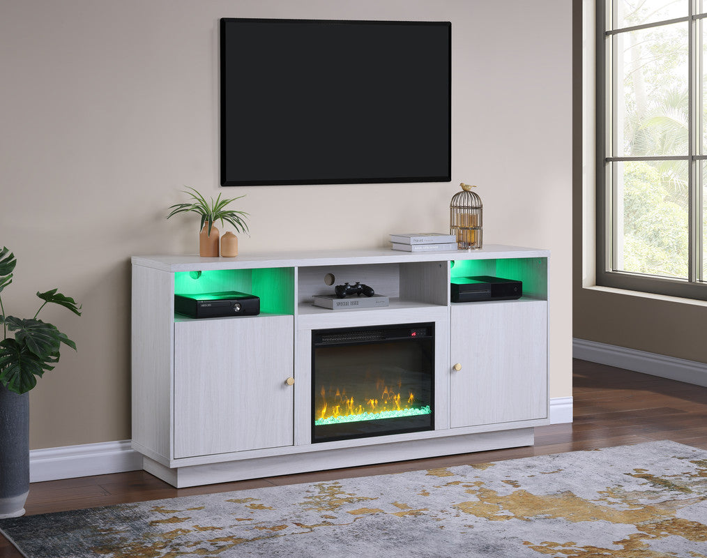 Ambrogio 70'W White Walnut Finish Fireplace TV Stand Console with Heater, LED Light, Cabinets, Shelves