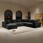 137.8*108.3'Modular sectional sofa seat,Upholstered compressed couch for living room,Bedroom,Apartment,No assembly required,7PC free combination,Plush corduroy fabric,BLACK