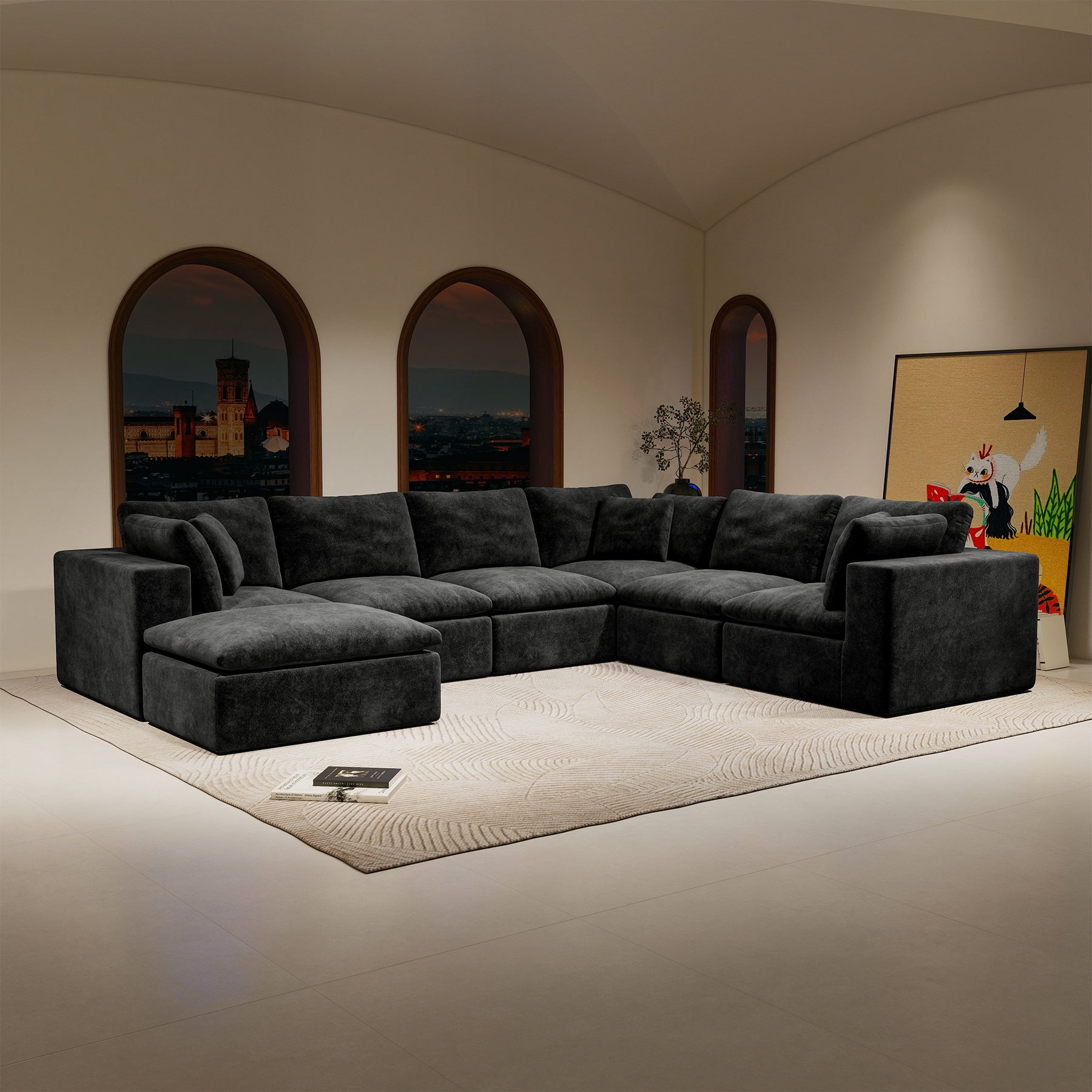 137.8*108.3'Modular sectional sofa seat,Upholstered compressed couch for living room,Bedroom,Apartment,No assembly required,7PC free combination,Plush corduroy fabric,BLACK