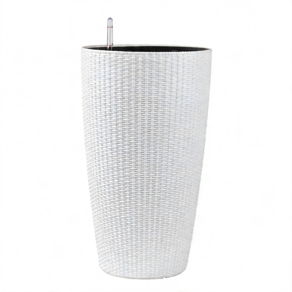 Faux Rattan Tall Planters Set with Water Level Monitor and Automatic Watering, White, Polypropylene, 22 Inch