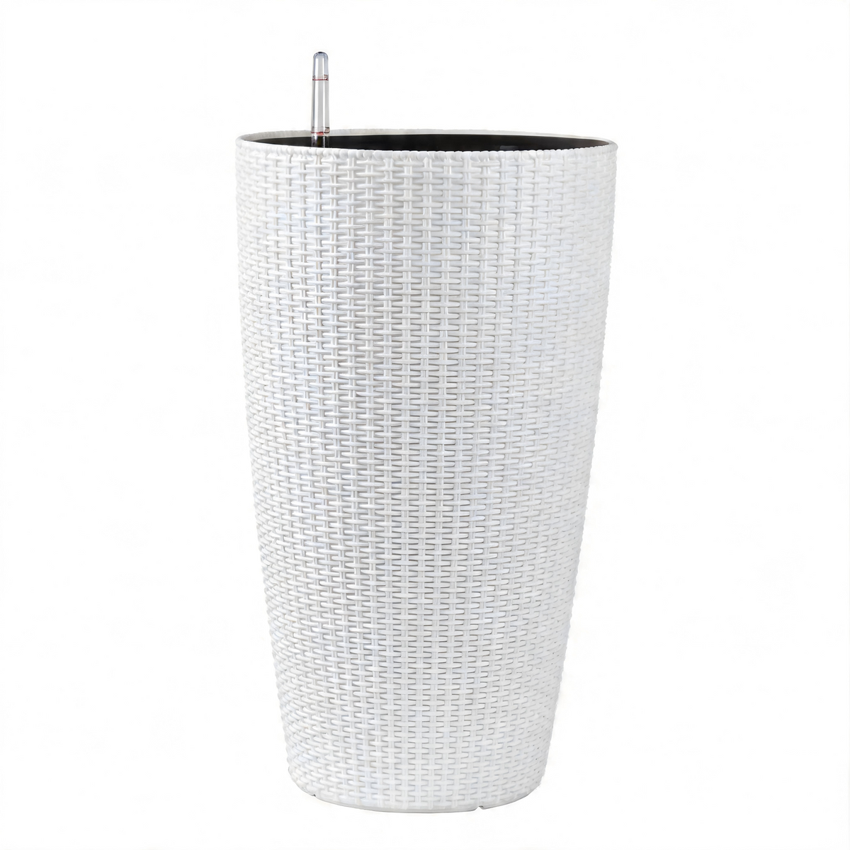 Faux Rattan Tall Planters Set with Water Level Monitor and Automatic Watering, White, Polypropylene, 22 Inch