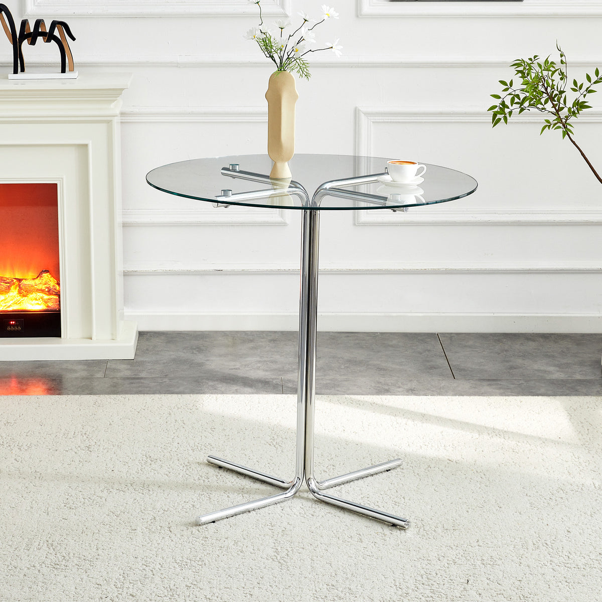 Round glass bar high table, 36 inch round bar table, tempered glass tabletop, sturdy silver chrome plated four column support, suitable for transparent round bar tables in small spaces, kitchens