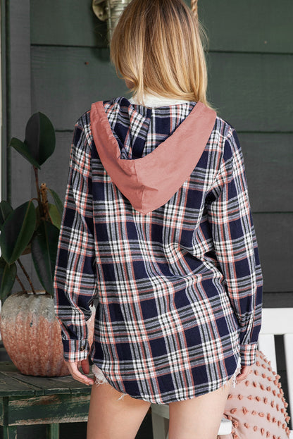 Wholesale Pink Plaid Contrast Hooded Drawstring Shacket - Eloy Royal