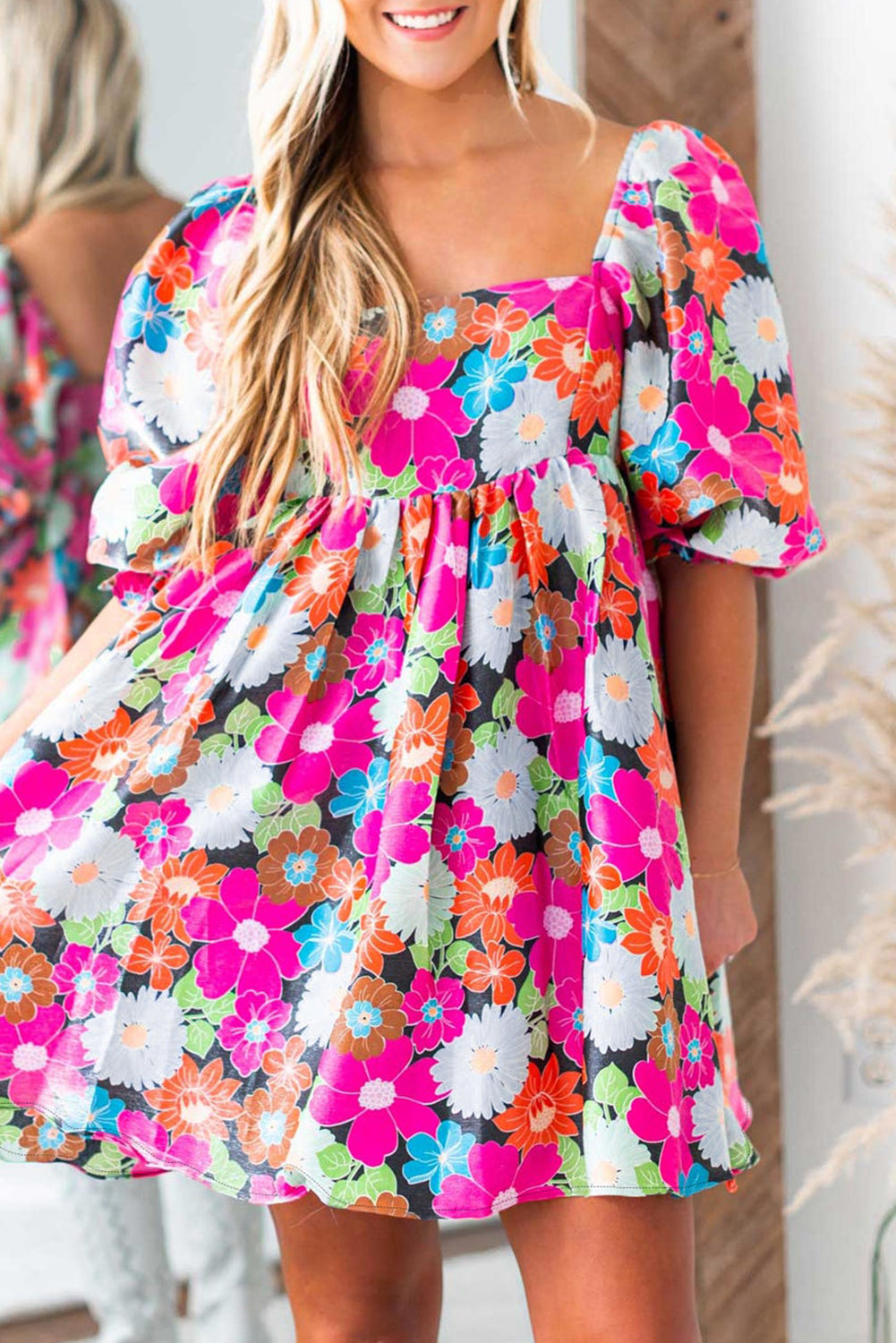 Rose Floral Print Square Neck Short Puff Sleeve Dress - Eloy Royal