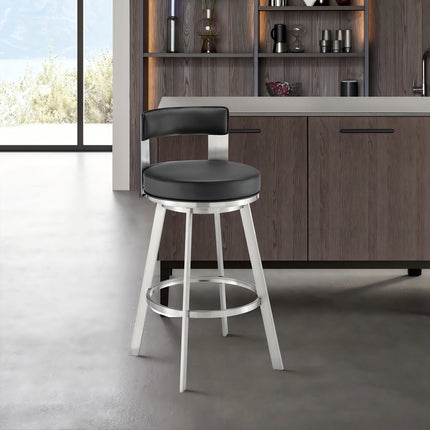 Nylun 26' Swivel Counter Stool in Brushed Stainless Steel with Black Faux Leather