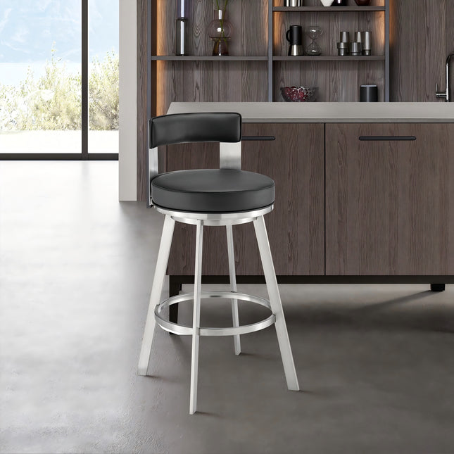 Nylun 26' Swivel Counter Stool in Brushed Stainless Steel with Black Faux Leather