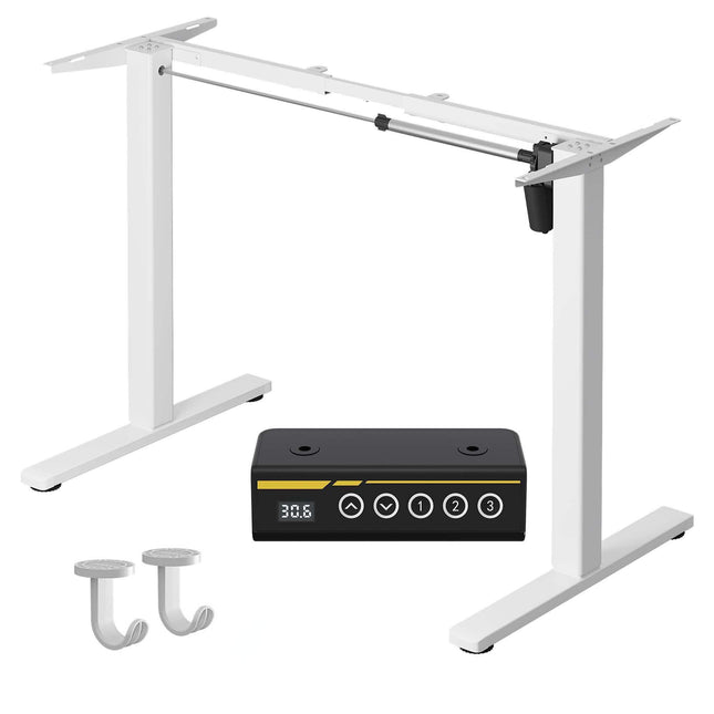 White Single-motor electric standing desk frame, suitable for home and office, adjustable height and length, built-in powerful 154-lb motors with 3 height memory setting