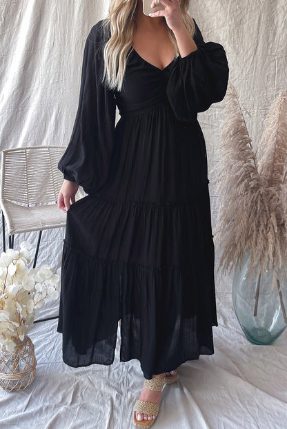 Black V Neck Bowknot Cutout Frill Tiered Maxi Dress - Eloy Royal