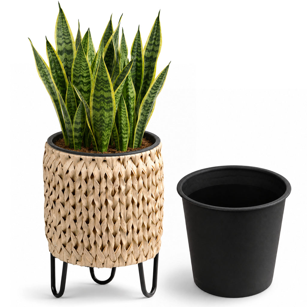 SOLHOME 9.8' Polyrattan Planter with Stand, Natural Resin Wicker Plant Pot with Steel Legs – Indoor Outdoor Decorative Planter with PP Insert