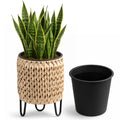 SOLHOME 9.8' Polyrattan Planter with Stand, Natural Resin Wicker Plant Pot with Steel Legs – Indoor Outdoor Decorative Planter with PP Insert