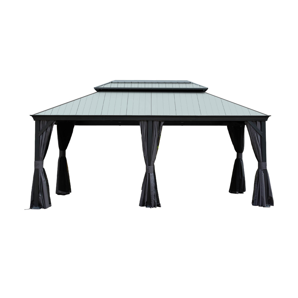 12'x18' Hardtop Gazebo with Resin Roof, Outdoor Metal Gazebo with Drainage Gutters, Permanent Heavy Duty Pavilion for Patio, Backyard and Deck, Curtains and Mosquito Netting Included