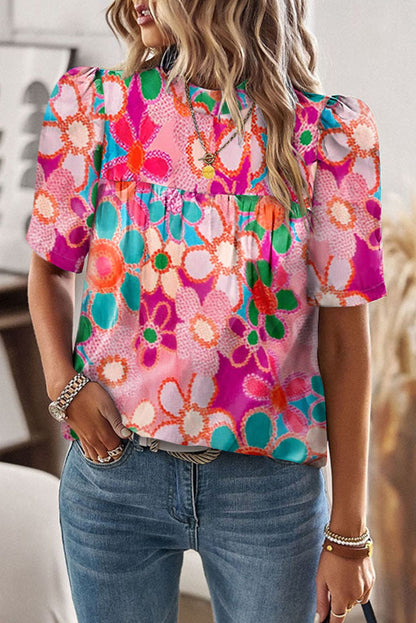 Purple Floral Print Crew Neck Short Sleeve Blouse - Eloy Royal