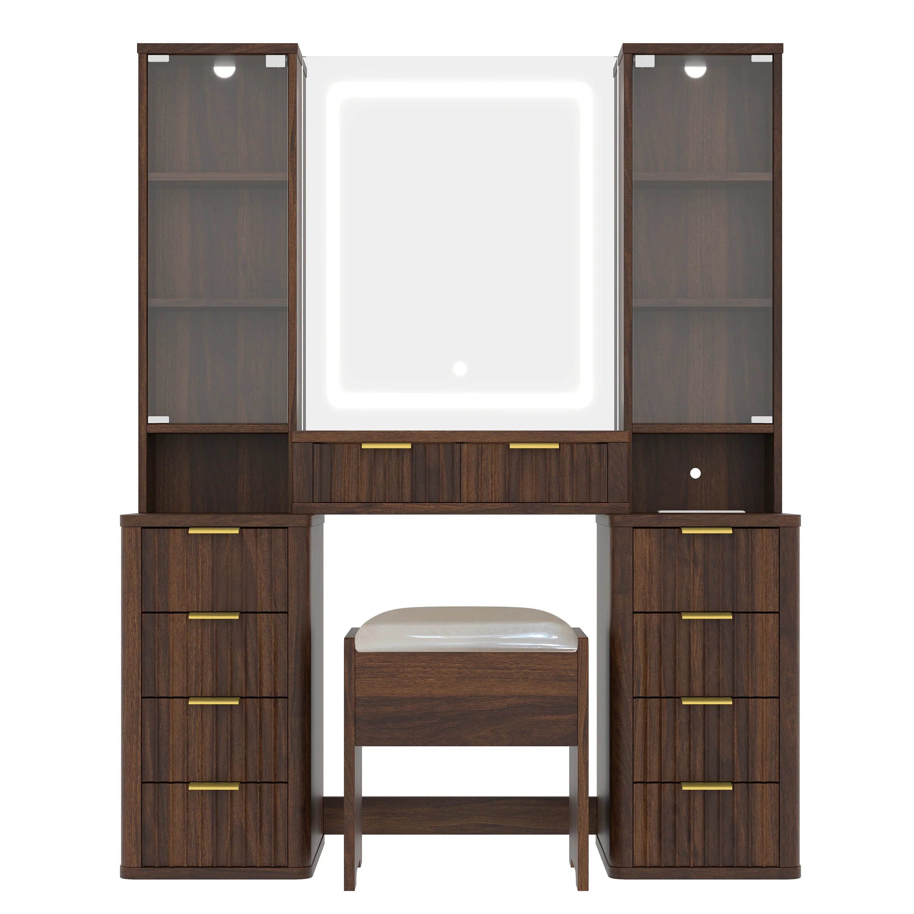 43.5' Fluted Makeup Vanity Desk with Mirror and Lights, Modern Glass Top Vanity Table with 10 Drawers & 2 Transparent Glass Cabinets, Dressing Table Set with Stool and Charging Station, Brown - Eloy Royal