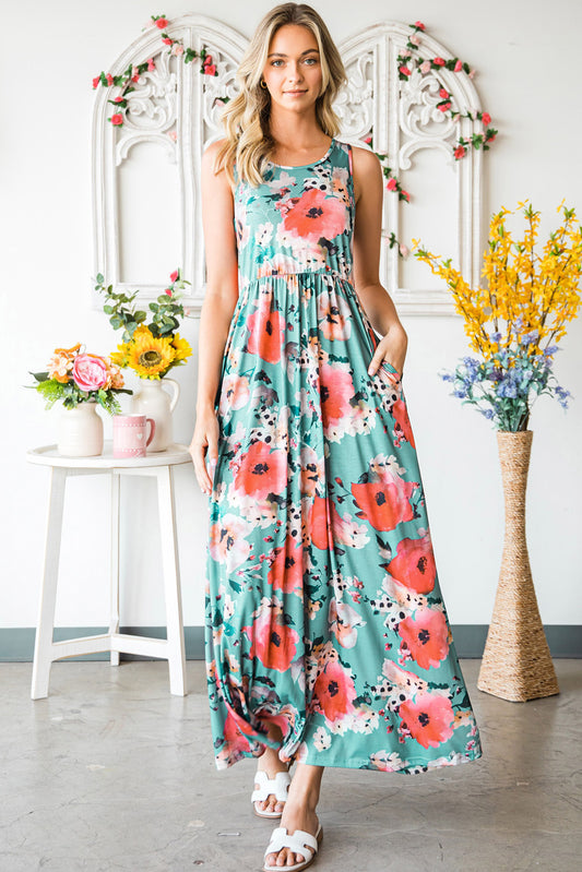 Green Floral Print Sleeveless Maxi Summer Tank Dress - Eloy Royal