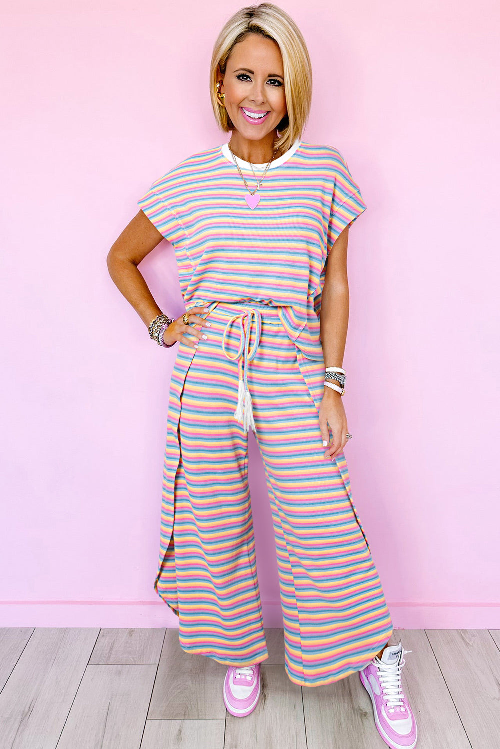 Pink Stripe Rainbow Tee and Tassel Drawstring Wide Leg Pants Set - Eloy Royal