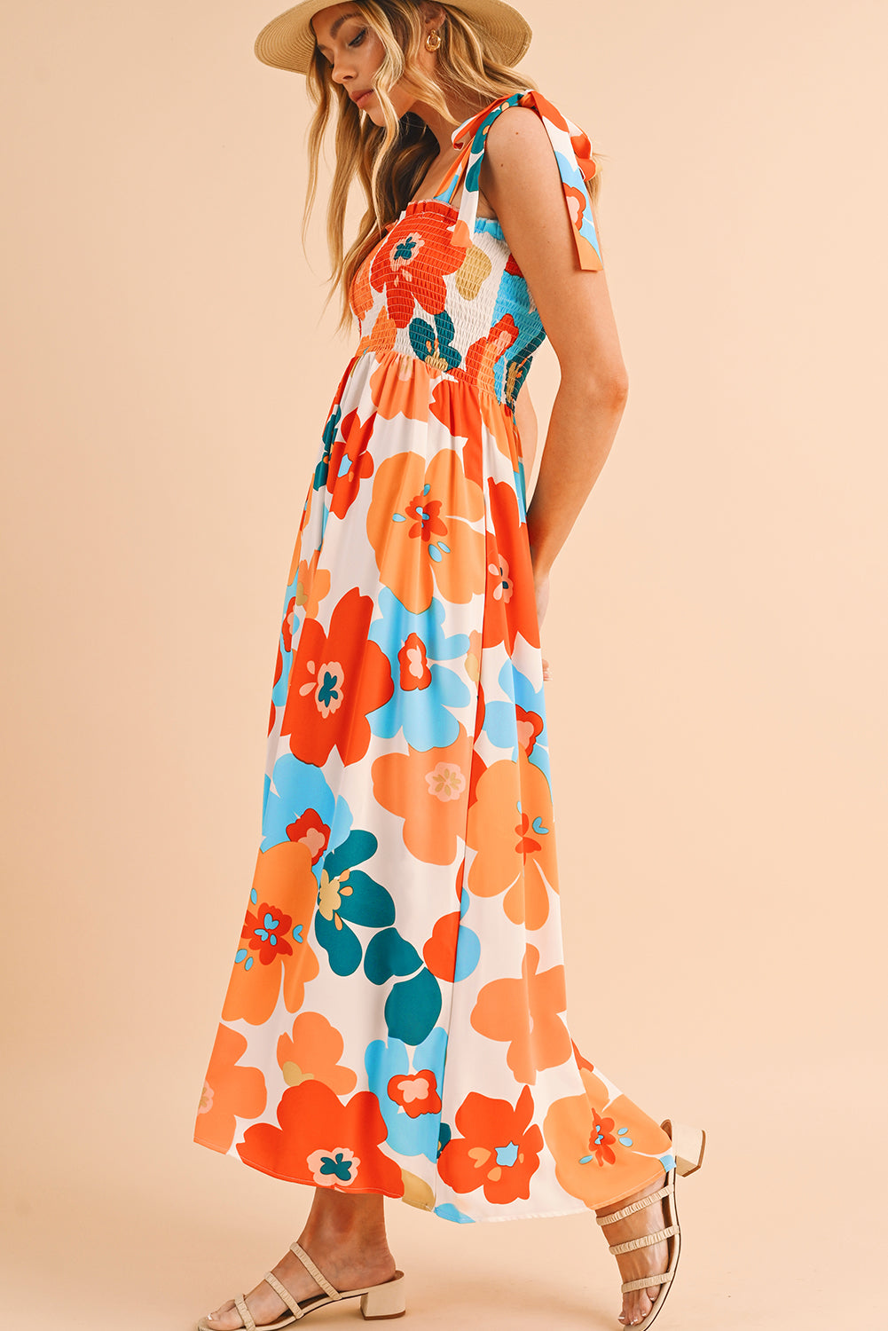 Orange 60s Floral Printed Shoulder Tie Smocked Maxi Dress - Eloy Royal