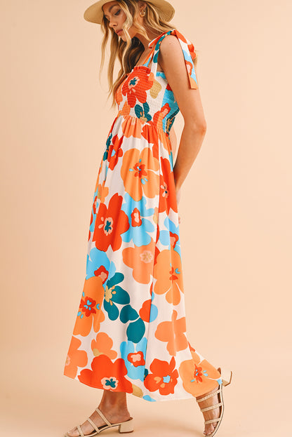 Orange 60s Floral Printed Shoulder Tie Smocked Maxi Dress - Eloy Royal