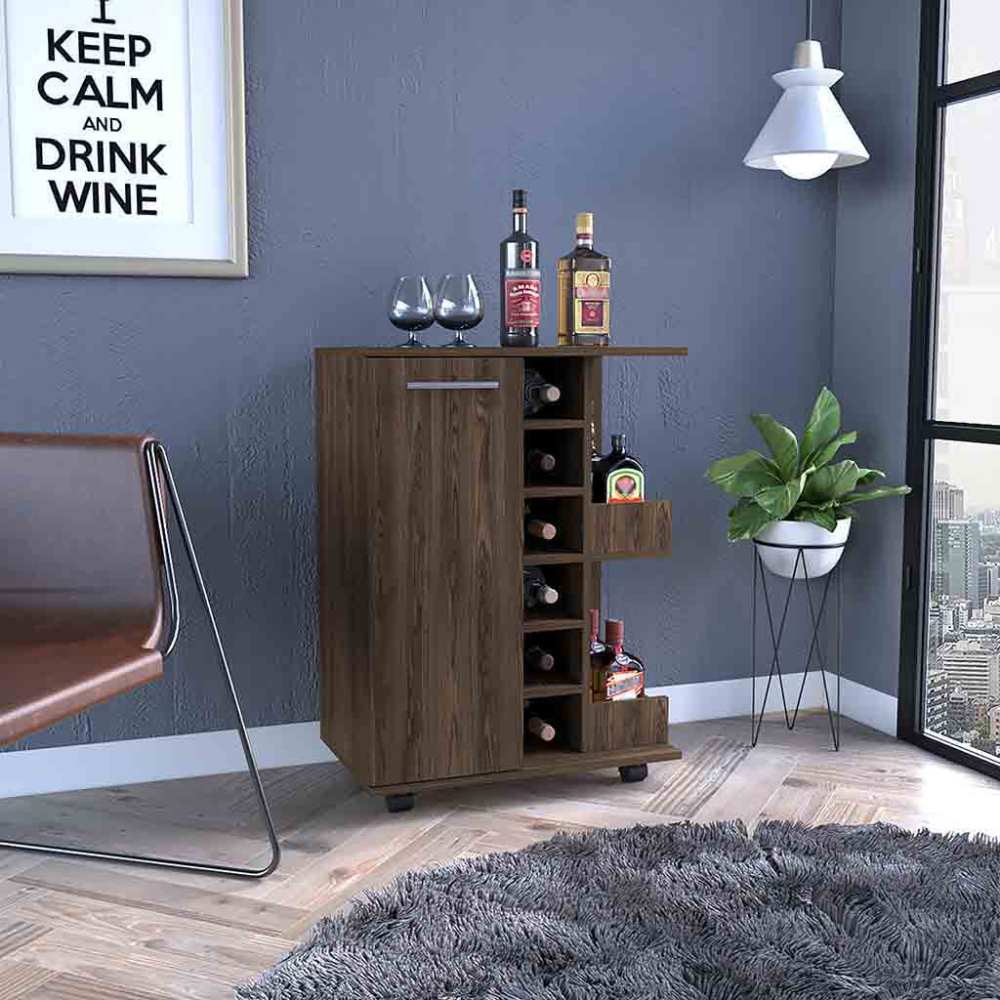 Henrik Single-Door Bar Cart on Casters, Dark Walnut