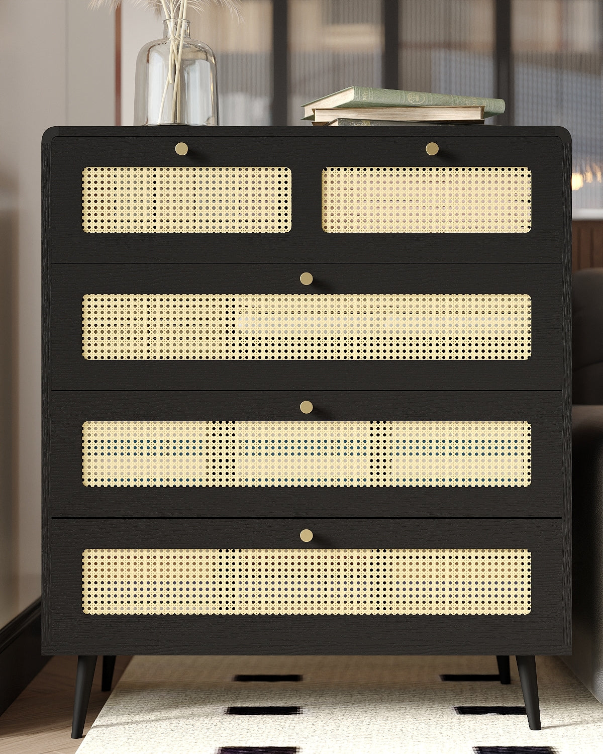 4 Drawer Dresser, Modern Rattan Dresser Chest with Wide Drawers and Metal Handles, Farmhouse Wood Storage Chest of Drawers for Bedroom, Living Room, Hallway, Entryway