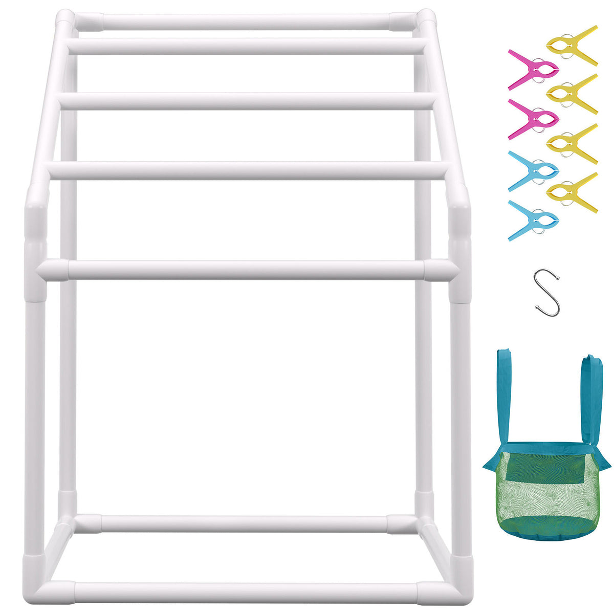 Towel Rack, 5 Bars Outdoor PVC Towel Holder, Freestanding Pool Towel Hanger Stand with Clips, Bag & Hook, Outdoor Indoor Quilt Drying Rack Organizer, Ideal for Poolside, Bathroom, Spa, White